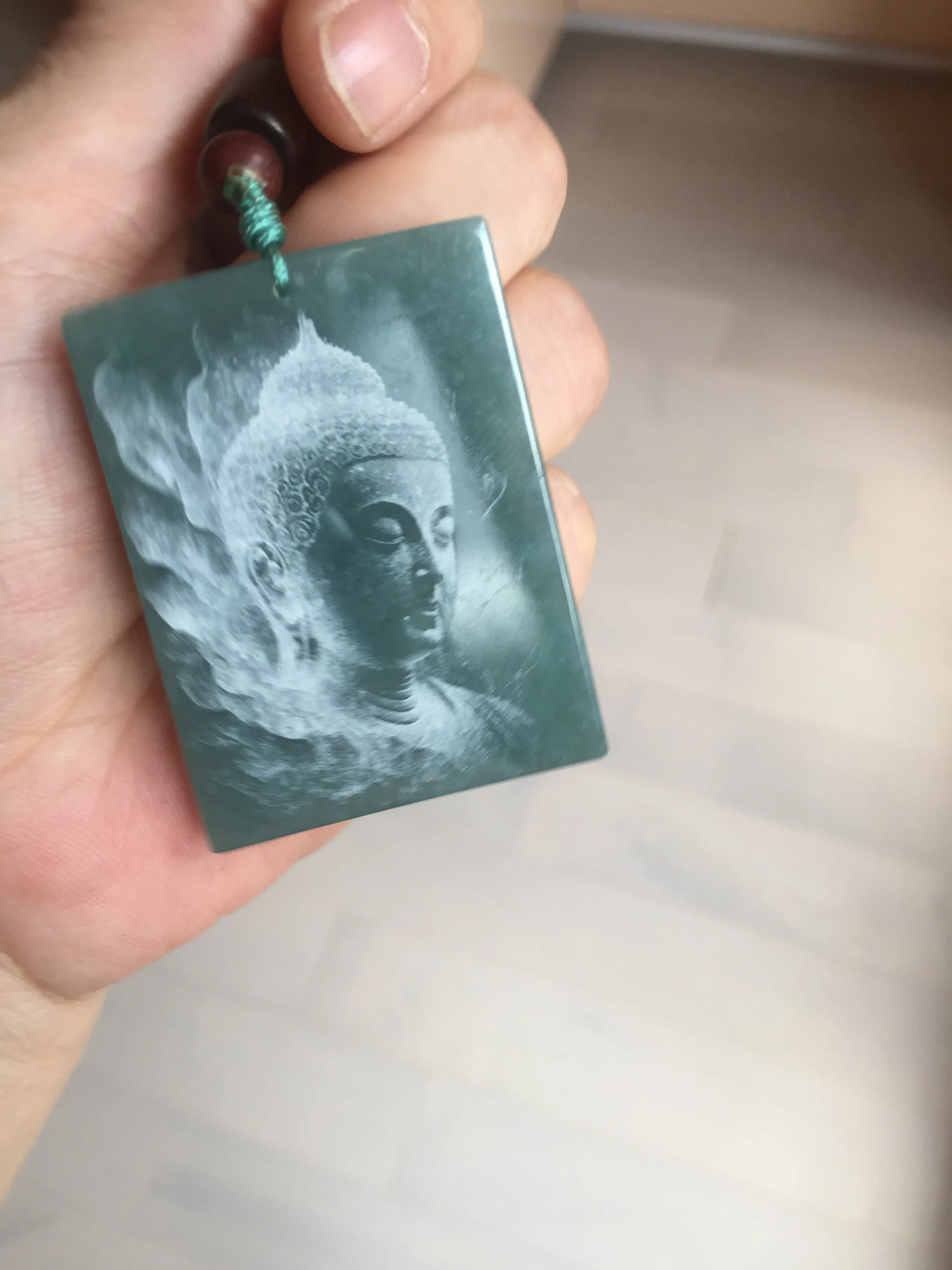 100% Natural type A green/blue/gray Guatemala jadeite Jade shadow carving buddha pendant necklace BP114