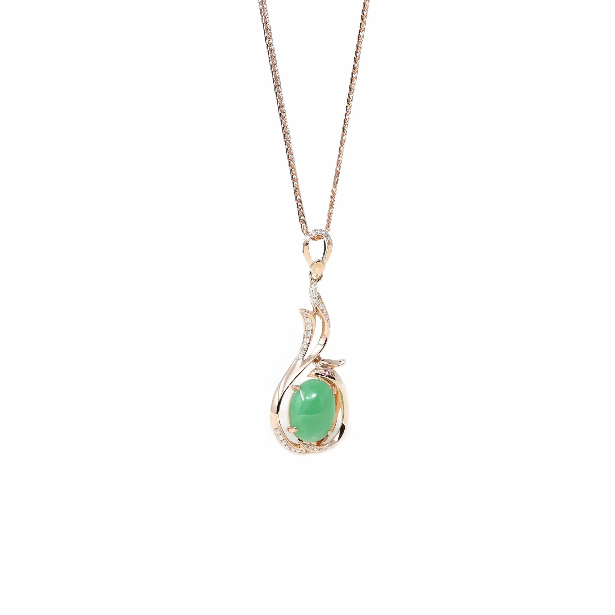 18K Rose Gold Oval Imperial Jadeite Jade Phoenix Style Necklace with Diamonds