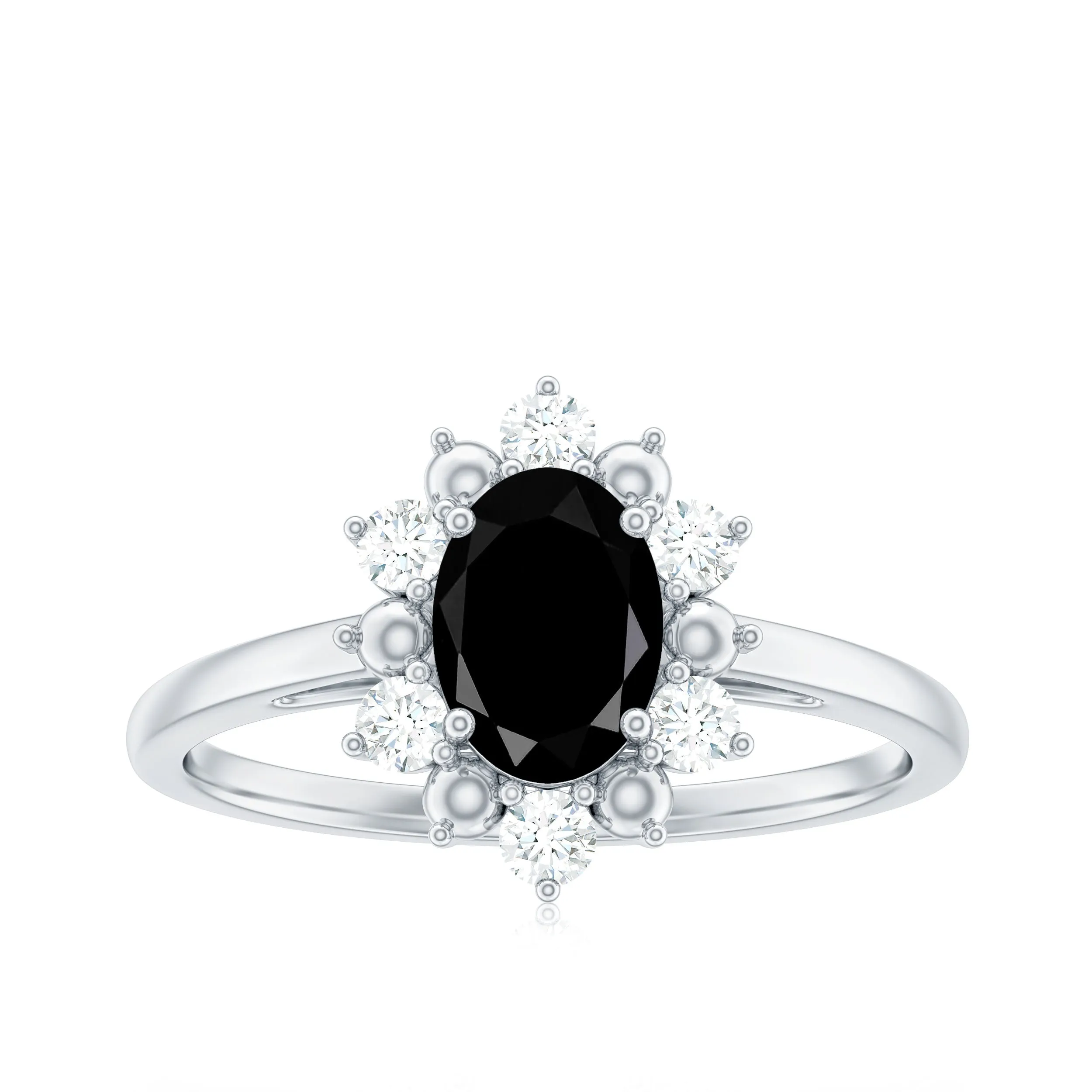 Oval Created Black Diamond Floral Halo Engagement Ring with Diamond